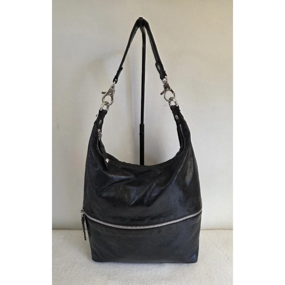 HOBO International Joelle Purse Black Polished Leather Shoulder Bag Silver Hardw